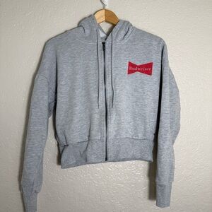 Budweiser Light Gray Cropped Hoodie with Red Logo Size Medium Retro VTG Inspired